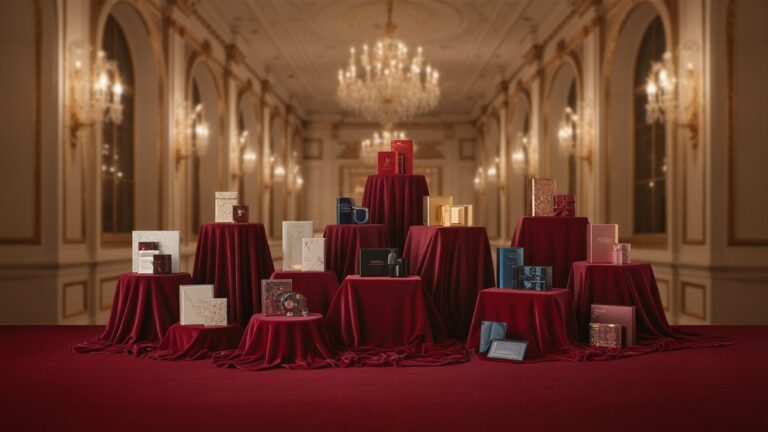 Įvairių išskirtinai supakuotų prabangių dovanų rinkinių ir dėžučių kolekcija, dailiai išdėstyta ant kelių aksomo nupieštų paviršių grandyje, švelniai apšviestoje salėje. Fotorealistinis, platus kadras, šiltas spindesys.