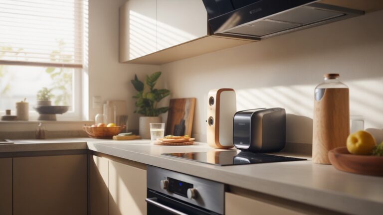 Šiuolaikinis virtuvės stalviršis su praktiniais prietaisais, išmaniųjų namų įrenginiais ir sveikatingumo produktai, estetiškai išdėstyti, minkšta ryto šviesos filtravimas pro langą, fotorealistinis šiuolaikinis gyvenimo būdo natiurmortas.