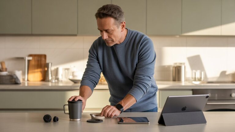 Profesionalus tėvas, organizuodamas savo kasdienius reikalus virtuvės prekystalyje, įskaitant „Smartwatch“, „Kelionės puodelį“, belaidžių ausinių ir planšetinių kompiuterių, natūralaus ryto šviesos, fotorealistinės gyvenimo būdo fotografijos su švaria modernia estetika.