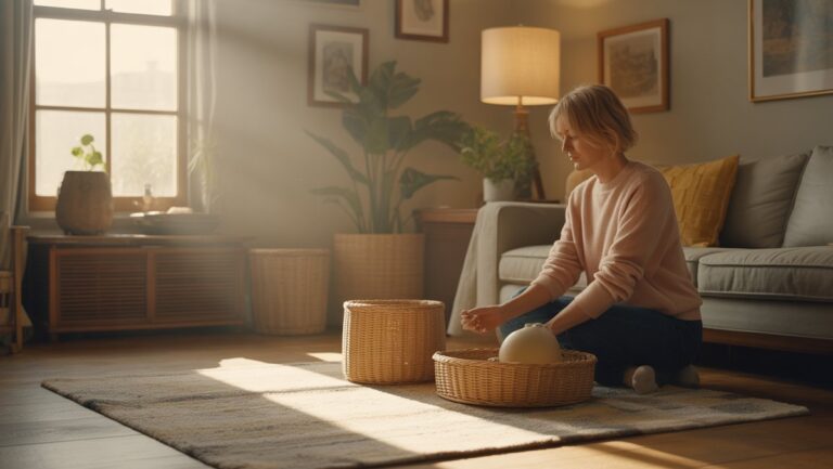 Realistiška jaukaus namų interjero scena, minkšta saulės šviesa, asmuo, patenkintas, naudojantis aukštos kokybės, praktišką namų apyvokos daiktą, iššaukiančią šilumą ir mąstymą.