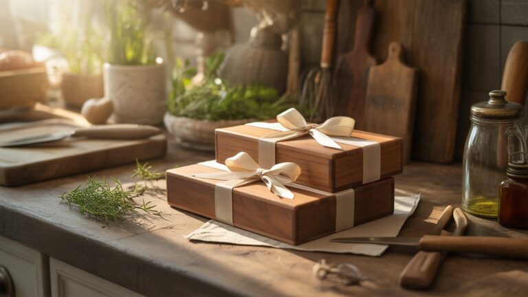 Elegantiškos medinės dovanų dėžutės su natūraliomis kanapių juostelėmis, esančiomis tarp šviežių žolelių ir amatininkų įrankių ant kaimiškos virtuvės prekystalio, šiltų ryto saulės šviesos, fotorealistinės gyvenimo būdo fotografijos.