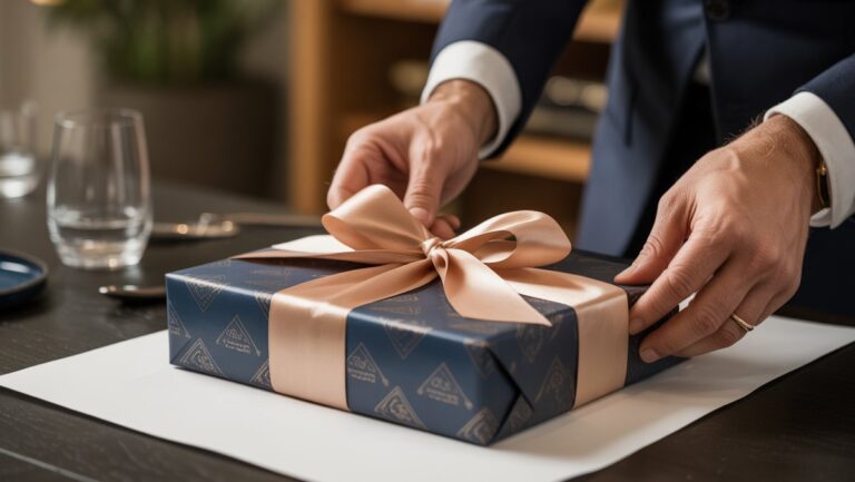 Realistiška, profesionalių rankų iš arti, elegantiškai apvyniojant sudėtingą verslo dovaną su prabangiu popieriumi ir šilko juostele aukštos klasės įmonių aplinkoje.