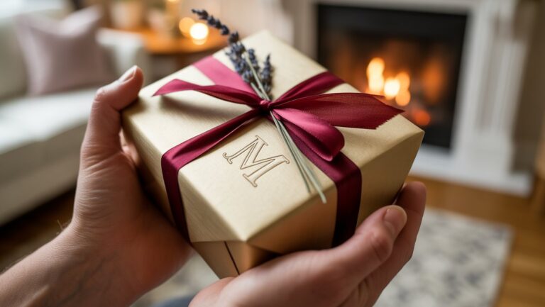 Rankų, turinčių gražiai suvyniotą individualizuotą dovaną su subtiliu pradiniu, šiltu intymiu apšvietimu, tikroviška nuotrauka, arti.