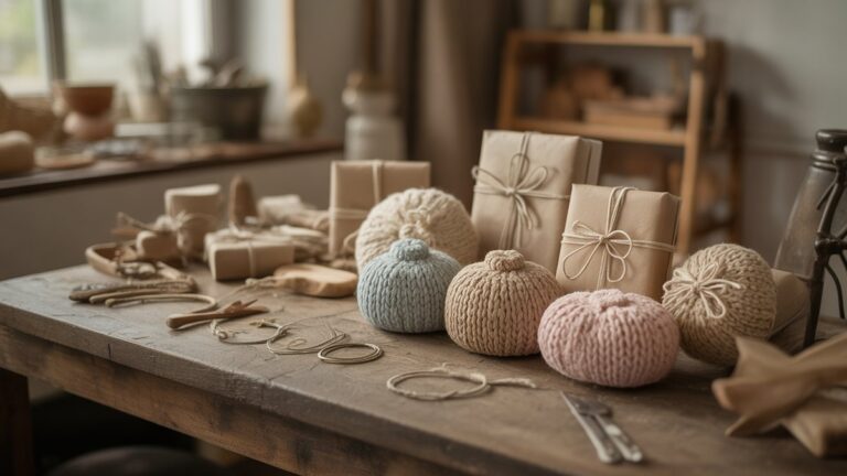 Žavi, dailiai išdėstyta įvairių, tekstūrinių rankų darbo dovanų kolekcija ant kaimiškos medinės darbininkų, išsimaudytų minkštu, kviečiančiu natūralia šviesa, fotorealistiniu plačiu kadru.