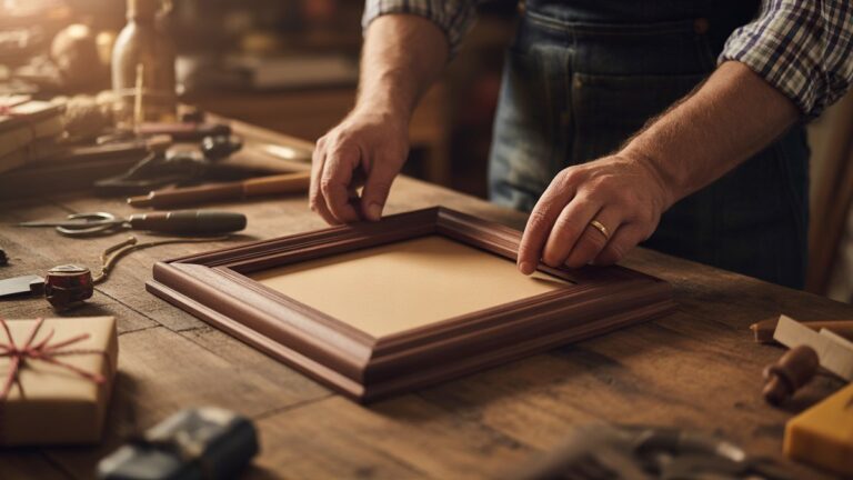 Tėvo rankos kruopščiai surenka rankų darbo medinį paveikslo rėmą kaimiškame darbininkuose, apsuptas naminių dovanų, šilto dirbtuvių apšvietimo, fotorealistinės scenos su turtingais gintaro ir raudonmedžio tonais.