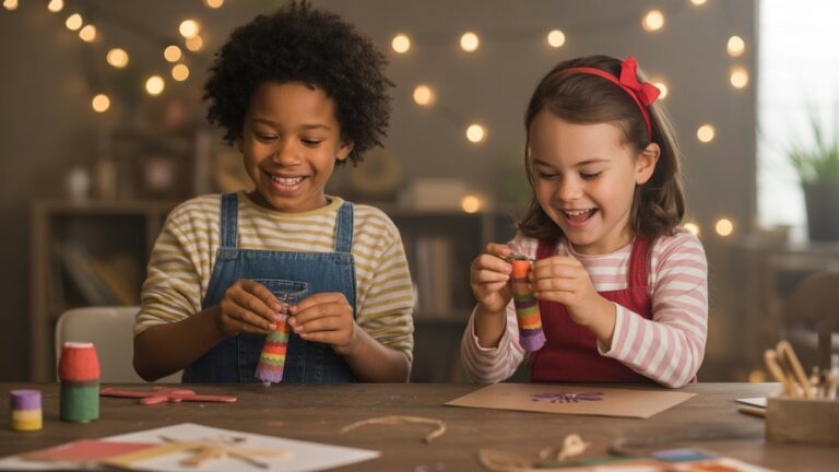 Du džiaugsmingi vaikai, berniukas ir mergaitė, giliai įsisavinti meistriškumo įnoringomis, spalvingomis rankų darbo dovanomis, apsuptas žaismingų meno reikmenų, tikroviška, minkšta aplinkos šviesa, platus kadras.