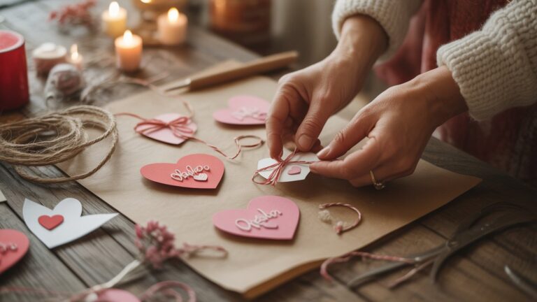 Realistiškas, švelniai fokusas platus rankų kadras, kruopščiai išdėstytas mažomis, nuoširdžiomis rankomis pagamintais Valentino dovanomis ant šilto, kaimiško chico paviršiaus, tarp išsklaidytų amatininkų elementų, natūrali šviesa.