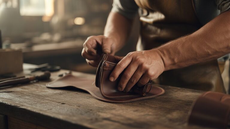 Kvalifikuotos amatininko rankos kruopščiai formuodamos tvirtą odinį daiktą ant susidėvėjusio medinio darbštumo, išsimaudytos šiltai, švelniai, natūraliai, fotorealistiniu, plačiu šūviu.