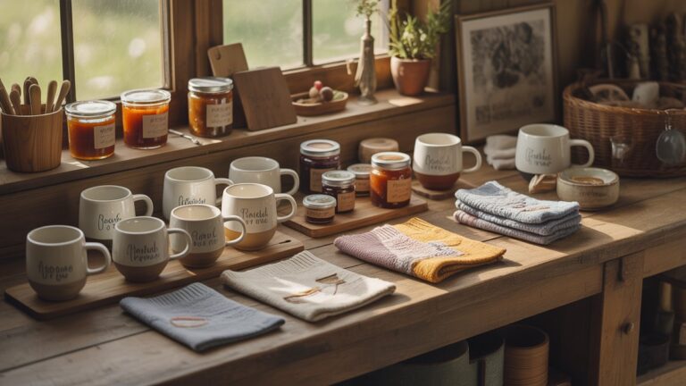 Saulėtekis, kaimiškas „Workbench“ demonstruoja daugybę unikalių rankų darbo komponentų, tokių kaip pasirinktiniai puodeliai, amatininkų uogienės ir megzti jaukiai, paruošti apgalvotai kompiliuoti į individualius dovanų rinkinius. Fotorealistinis.