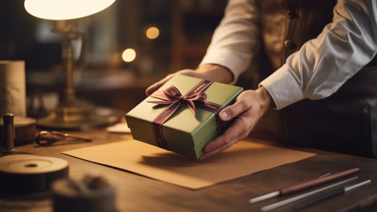 Amatininkų rankos švelniai pristato naujai užpildytą, prabangią rankų darbo verslo dovaną šiltoje, elegantiškoje darbo vietoje, minkštoje aplinkos šviesoje, fotorealistinėje.