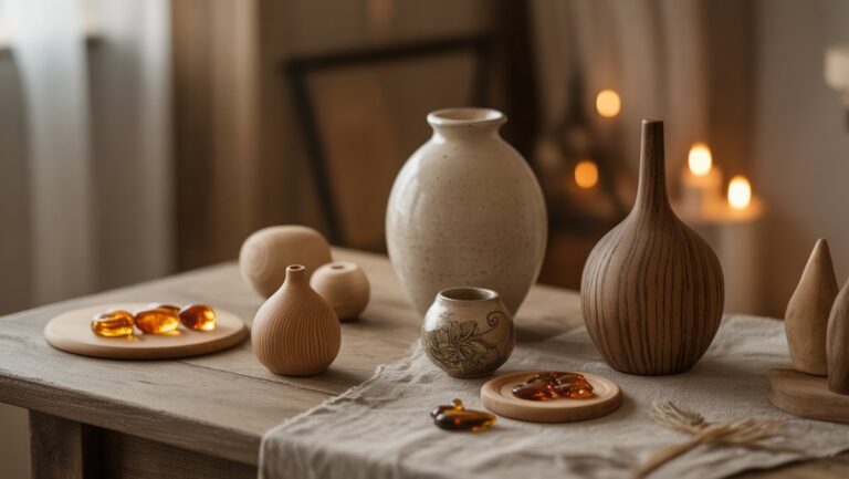 Realistiška „Artisanal Lietuvos“ rankų darbo dovanų nuotrauka: gintaras, linas, keramika, mediniai raižiniai, elegantiškai išdėstyti ant kaimiško stalo su minkšta, šilta šviesa.