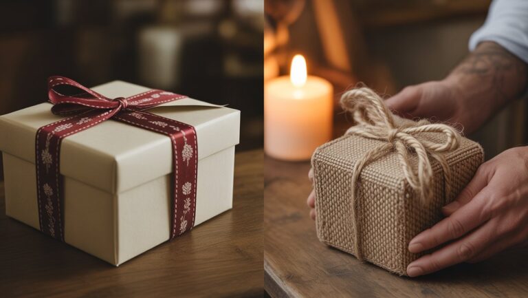 Realistiškas iš arti: rankos, palyginančios aptakią, gamyklos pagamintą dovanų dėžę ir kaimišką, meiliai pagamintą rankų darbo daiktą. Šiltas, intymus apšvietimas.