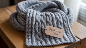 Realus iš arti iš arti išsamios, unikalios rankų darbo dovanos, spinduliuojančios šilumos ir nuoširdumo, švelniai apšviesta prislopintu fonu.