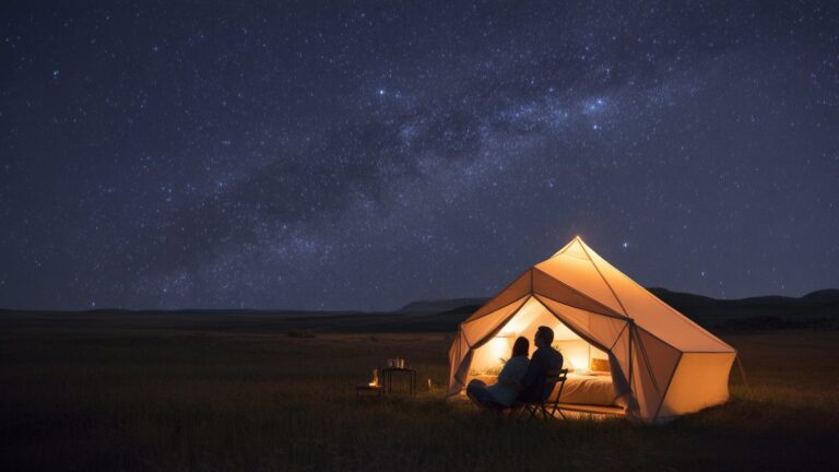 Siluetruota pora jaukiai žaibiški iš šiltos, apšviestos žėrinčios palapinės didžiuliame, žvaigždutėje užpildytame naktiniame kraštovaizdyje, fotorealistinis, platus kadras, kinematografinis apšvietimas.