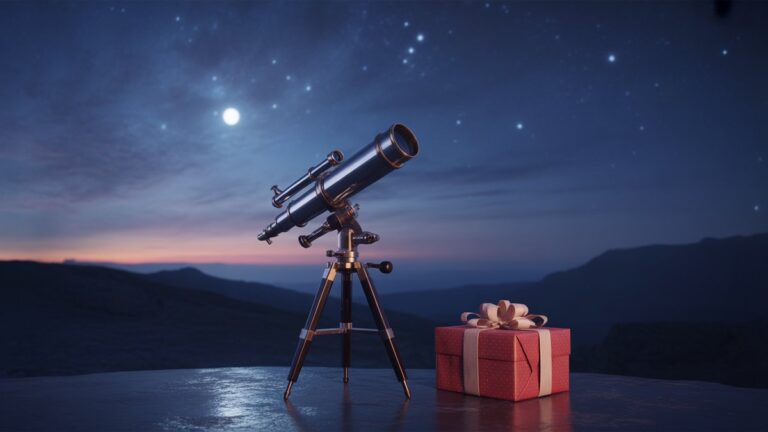 Platus, realus kadras: elegantiškas antikvarinių teleskopų teleskopas, nukreiptas į žvaigždžių kupiną romantišką naktinį dangų, netoliese gražiai suvyniotą dovanų dėžutę, perteikiančią bendrus sapnus. Minkšta mėnulio šviesa.