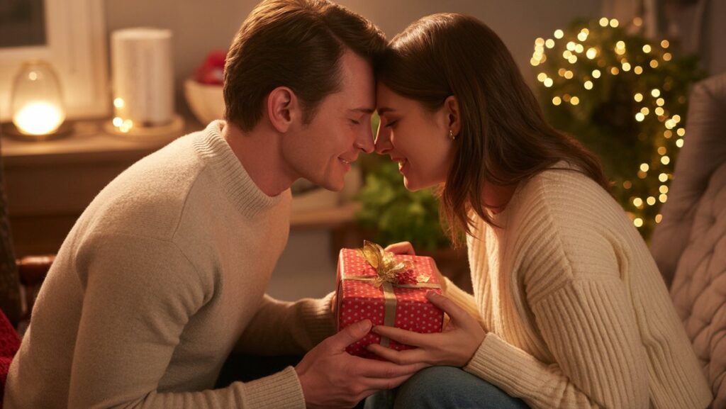 Romantiškos poros iš arti dalijantis švelniu momentu, apsikeitusi gražiai suvyniota dovana į šiltai apšviestą, jaukią aplinką. Realistiška nuotrauka.