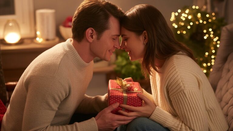 Romantiškos poros iš arti dalijantis švelniu momentu, apsikeitusi gražiai suvyniota dovana į šiltai apšviestą, jaukią aplinką. Realistiška nuotrauka.