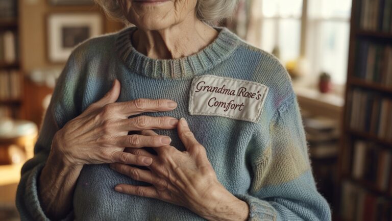 Realistiška žmogaus rankų nuotrauka, švelniai liečianti nepatrauklų, sentimentaliai reikšmingą megztą megztinį, minkštą apšvietimą.