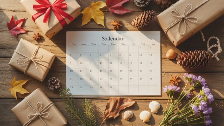 Gražus sezoninis kalendorius, paplitęs per kaimišką medinį stalą su apvyniotomis dovanomis, rudens lapais, žiemos pušies kūgiais, pavasarinėmis gėlėmis, vasaros kriauklėmis, šiltu natūraliu apšvietimu, fotorealistine pridėtine sudėtimi.