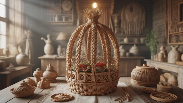 Realus, įtikinamas sudėtingo Lietuvos šiaudinių sodo („Šiaiaudiniai Sodai“) centro, apsupto tradicinių liaudies meno amatų, vaizdas, šiltai apšviestas paveldo interjere.