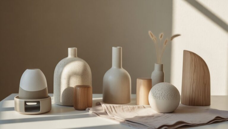 Realistiškas kuruojamų modernių Lietuvos dizaino dovanas: unikali funkcinė keramika, minimalistiniai mediniai daiktai ir šiuolaikinės tekstilės gaminiai, meniškai rodomi minkštoje natūralioje šviesoje.