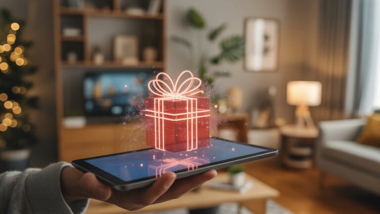 Realus rankos, laikančios planšetinį kompiuterį, vaizdas, ekranas, kuriame rodomos šviečiančios abstrakčios skaitmeninės dovanų koncepcijos, šiuolaikiškoje, tačiau jaukioje, biudžetinėje namų vietoje.