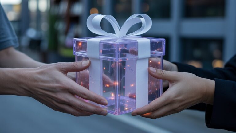 Realistiškas dviejų rankų, keičiančių eterinę, žėrinčią skaitmeninę dovanų dėžę, iš arti, spinduliuojant abstrakčią virtualią patirtį kaip žvilgantys duomenų srautai.