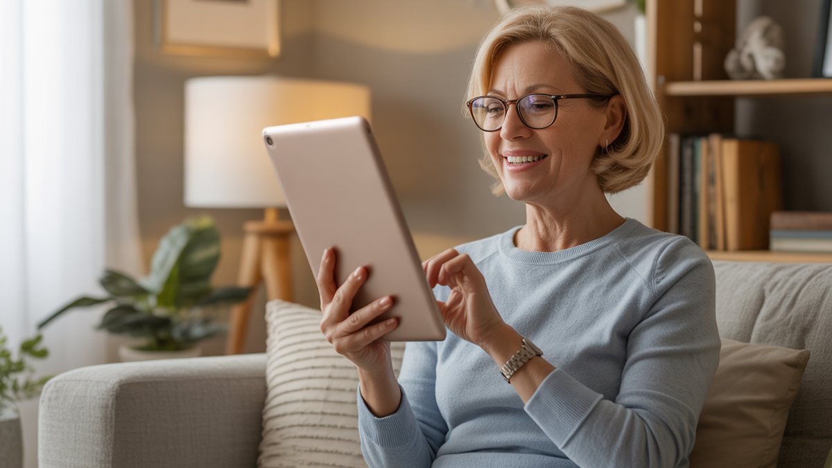 Realistiška „Happy Senior Woman“ vaizdo įrašo, skambinančio į planšetinį kompiuterį, jaukią namų aplinką, švelnią natūralią šviesą, perteikiančią komfortą ir skaitmeninį ryšį, nuotrauka.