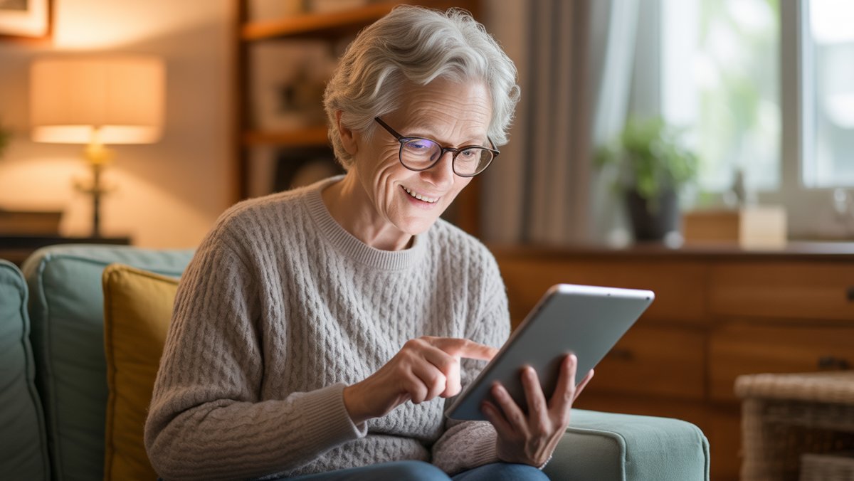Realus vyresnio amžiaus žmonių, užtikrintai naudojančių planšetinį kompiuterį ar išmanųjį telefoną, vaizdas, maudomas šiltoje natūralioje šviesoje jaukiuose namuose. Sutelkite dėmesį į skaitmeninį ryšį.