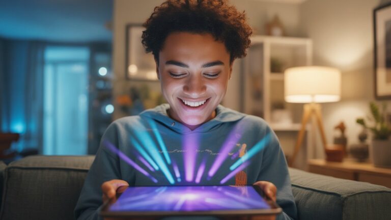 Realistiška nuotrauka, kurioje patenkintas jaunuolis, turintis žėrinčią planšetinį kompiuterį, ryškų skaitmeninį turinį, spinduliuojantį iš ekrano, minkšta aplinkos šviesa šiuolaikiniuose namuose.