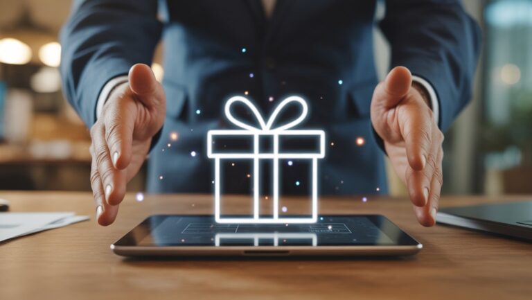 Profesionalo rankos pateikia skaitmeninę dovanų koncepciją planšetinio kompiuterio ekrane, subtilią modernų biuro foną, tikrovišką, šiltą aplinkos šviesą.