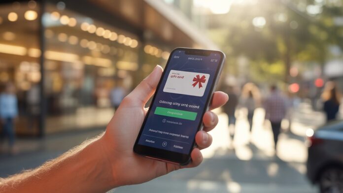 Iš arti tikroviška rankos, laikančios išmaniojo telefono, kuriame rodoma skaitmeninės dovanų kortelių sąsaja, nuotrauka su subtiliai neryškiu šiuolaikišku prekybos rajonu ar namų biure, šiltoje natūralioje šviesoje.