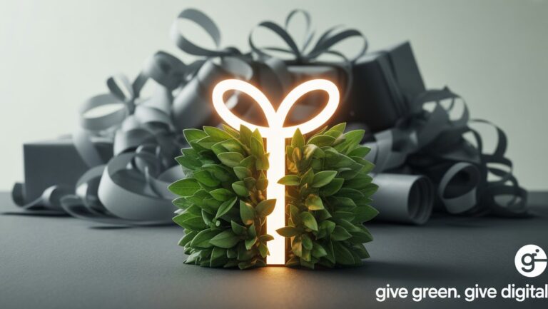 Švytinanti skaitmeninės dovanų piktograma, virsta vešliais žaliais lapais, kontrastuojama su šešėline fizinių dovanų atliekų krūva. Realistas.