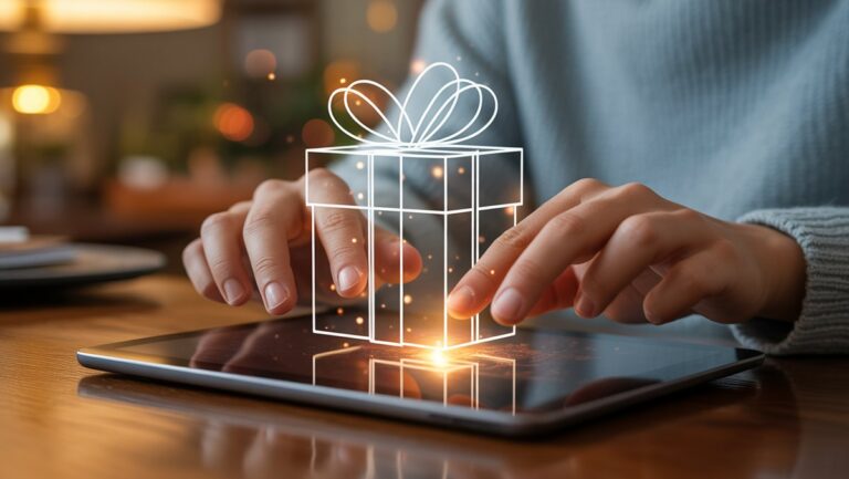 Realus, intymus rankų iš arti, švelniai liečiant žėrinčią, abstrakčią virtualią dovaną planšetinio kompiuterio ekrane, perteikdama nuoširdų nuoširdumą. Šilta aplinkos šviesa.