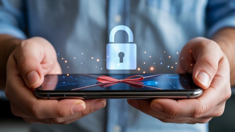 Realistiškas rankų iš arti išmanusis telefonas, kuriame rodoma skaitmeninė dovana, su subtiliu, žėrinčiu užrakto simboliu, apsaugančiu jį. Minkštas, modernus apšvietimas.