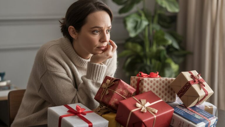 Žmogus, apgalvotai svarstęs krūvą įvairių dovanų, vieni, aiškiai nepageidaujami, kiti puoselėjo, realioje namuose su švelnia natūralia šviesa.