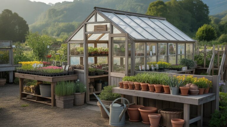 Gražus kaimo sodo centras su mediniu šiltnamiu, spalvingi sėklų paketai, terakotos puodai, laistymo skardinės ir sodo įrankiai, rodomi ant kaimiškų stalų, minkštų ryto saulės šviesos, fotorealistinės kaimo fotografijos.