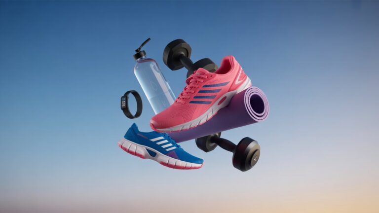 Dinaminė sporto įrangos išdėstymas, plūduriuojantis viduryje ore prieš „Gradient Blue Sky“ - bėgimo bateliai, hanteliai, jogos kilimėlis, vandens butelis, kūno rengybos stebėjimo priemonė - ryški dienos šviesa, fotorealistinė gaminių fotografija su judesio neryškiu efektu.