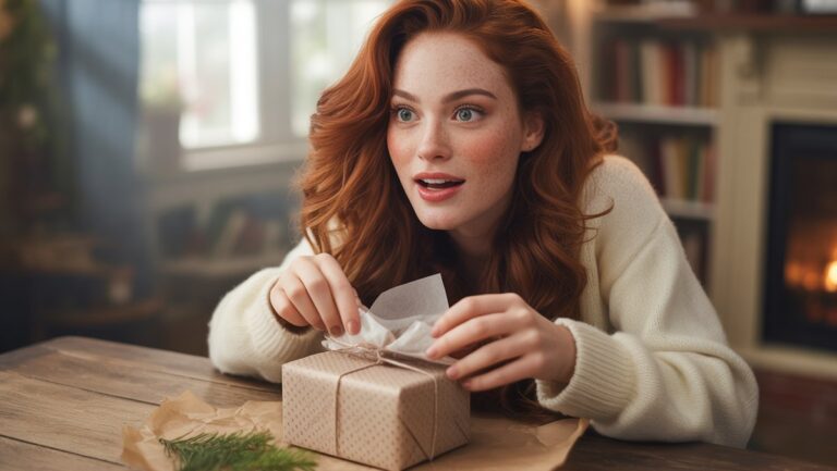 Realus žmogaus veido iš arti išreiškimas, išreiškiantis tikrą, džiaugsmingą staigmeną, išvyniojant netikėtą dovaną, šiltą, kviečiančią atmosferą.