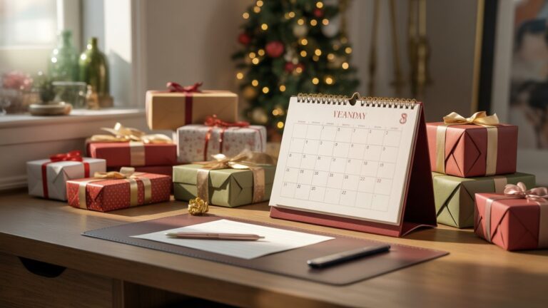 Gražiai apšviestas, organizuotas stalas su elegantišku metiniu kalendoriumi atidarytu, kurį apsupo įvairūs puikiai suvyniotos dovanų dėžutės, užuomintos sezoninėse atostogose, fotorealistinis, platus kadras, šiltas kviečiantis šviesa.