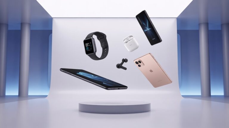 Šiuolaikinės technologijos salonas su aptakiomis programėlėmis, plūduriuojančiais viduryje ore - išmanieji telefonai, išmanieji laikrodžiai, belaidės ausinės, planšetiniai kompiuteriai - nuo minimalistinio balto fono, minkšto mėlyno akcento apšvietimo, fotorealistinio produkto fotografijos stiliaus.