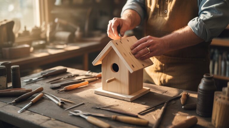 Tėvo rankos, gaminančios medinius paukščių namelius, „Sunlit“ garažo dirbtuvėse, apsuptas senovinių įrankių ir rankų darbo projektų, šilto auksinio apšvietimo, fotorealistinės scenos su kaimiškomis faktūromis.