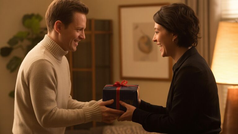 Realistiškas: du žmonės, vienas padovanojo dovaną kitam, gavėjo veidą, su nuoširdžiu staigmena ir didžiuliu dėkingumu, šilta aplinkos šviesa.