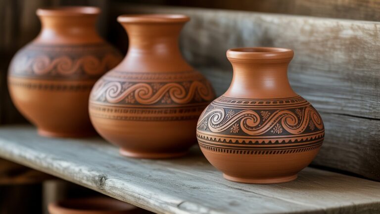 Realistiška tradicinės lietuviškos rankų darbo molio keramikos nuotrauka, painiai dekoruota, rodoma ant kaimiško medinio paviršiaus. Minkšta, šilta šviesa, autentiška kultūrinė atmosfera.