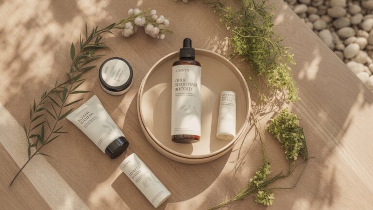 Realus, pridėtinis gražiai išdėstytos tvarios grožio dovanų rinkinio su natūraliais kosmetiniais produktais, subtiliais žaliais botanikais, ant minkšto medinio paviršiaus, apnuogintos saulės šviesos.