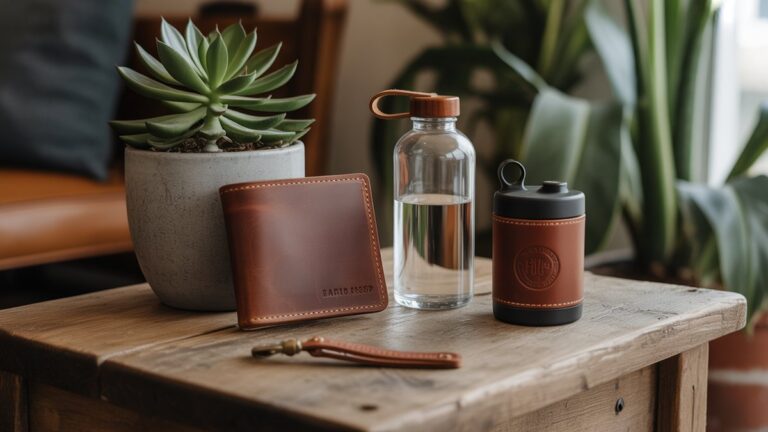 Kurtas tvirtų, tvarių vyrų dovanų vaizdas: rankomis pagaminta odinė piniginė, pakartotinai užpildytas vandens butelis ir tvirtas augalas, išdėstytas ant pagyvenusio medinio paviršiaus, fotorealistinės, šiltos natūralios šviesos.