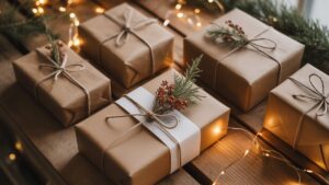 Realistiška tvarių dovanų, suvyniotų į natūralų audinį ir perdirbtą popierių, nuotrauka, puošta džiovintais žalumynais, šilta aplinkos šviesa, ant kaimiško medinio paviršiaus.