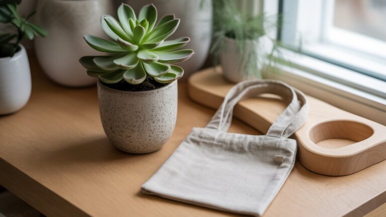 Realistiška, iš arti nuotrauka: tvarios dovanos, tokios kaip klestintis vazoninis augalas, rankų darbo medinis daiktas ir natūralus skalbinių maišelis ant lengvojo medžio paviršiaus, minkšta natūrali šviesa.