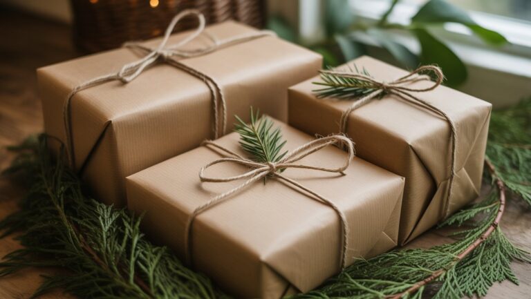 Realistiška, šilta gražiai apvyniotų ekologiškų dovanų scena su natūraliomis faktūromis, tokiomis kaip „Kraft“ popierius ir virvelės, įsikūrusios tarp žalių žalumynų, minkštos natūralios šviesos.