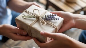 Rankų iš arti keičiant gražiai apvyniotą tvarią dovaną su natūraliomis virvėmis ir popieriumi, minkšta šilta šviesa, realistiška.